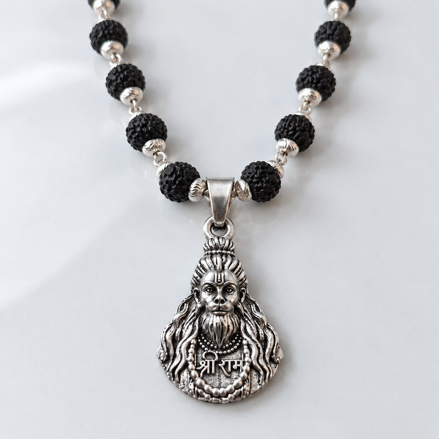 Hanuman ji Black Rudraksha Mala - Silver Finish