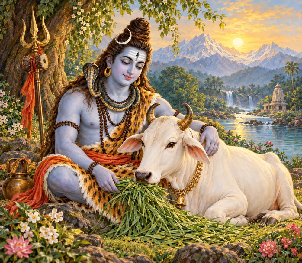 Devotional painting of Lord Shiva sitting peacefully beside a cow.