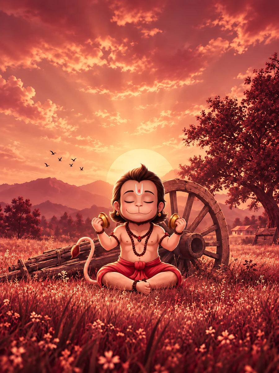 Young Hanuman ji seated in devotion with hand cymbals in a sunset meadow.