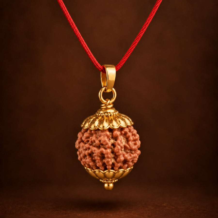 6 Mukhi Rudraksha pendant with golden-finish caps and red thread - photo 1
