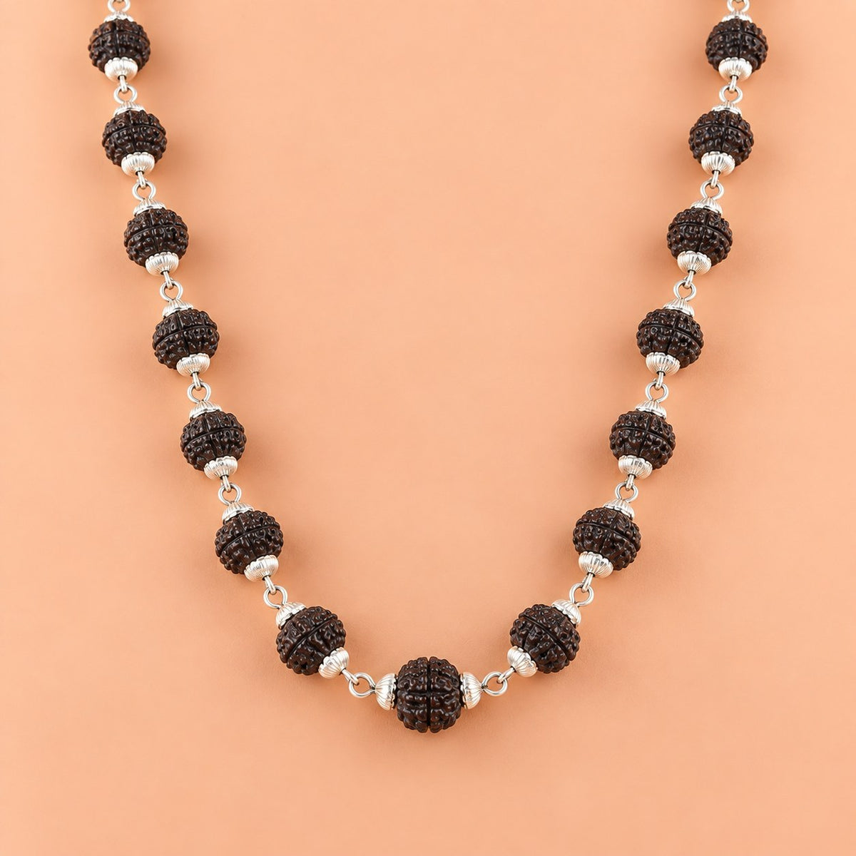 Black Rudraksha mala with silver-finish links - photo 1