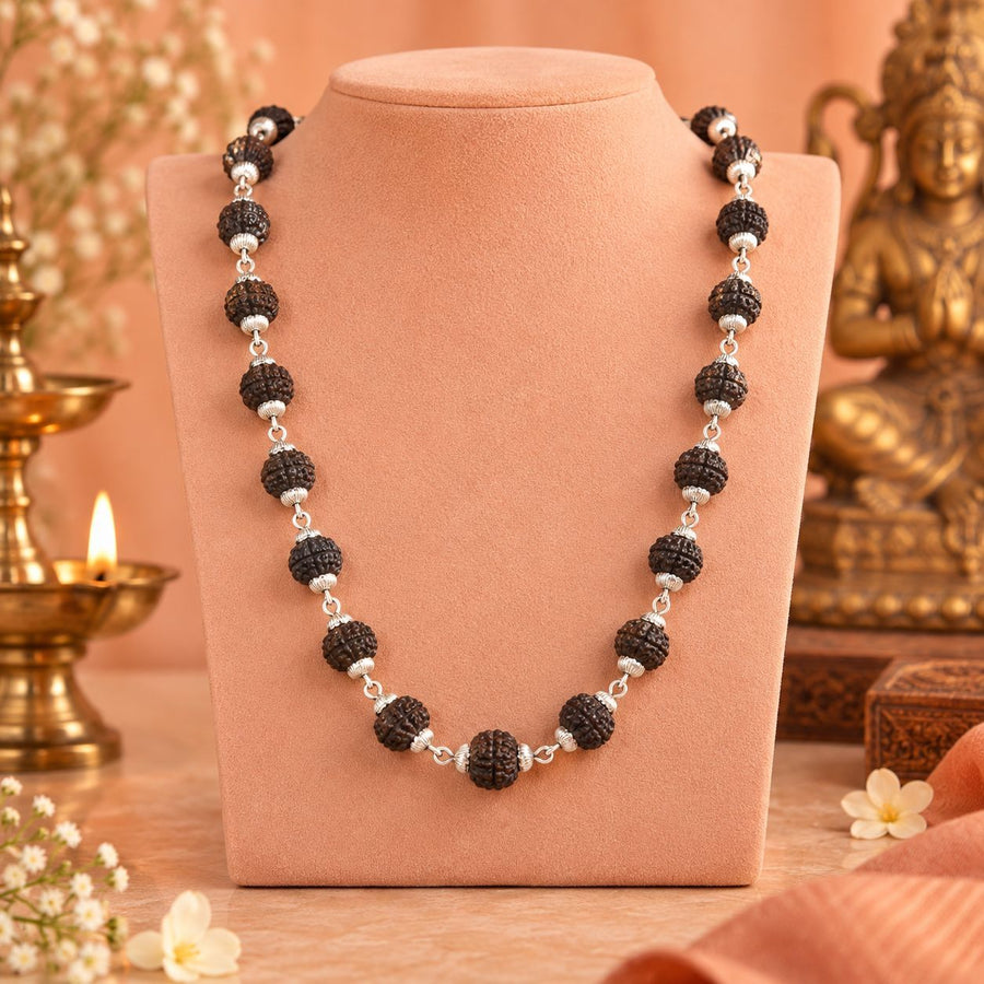 Black Rudraksha mala with silver-finish links - photo 2