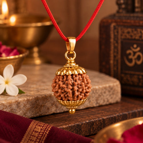 4 Mukhi Rudraksha pendant with golden-finish caps and red thread