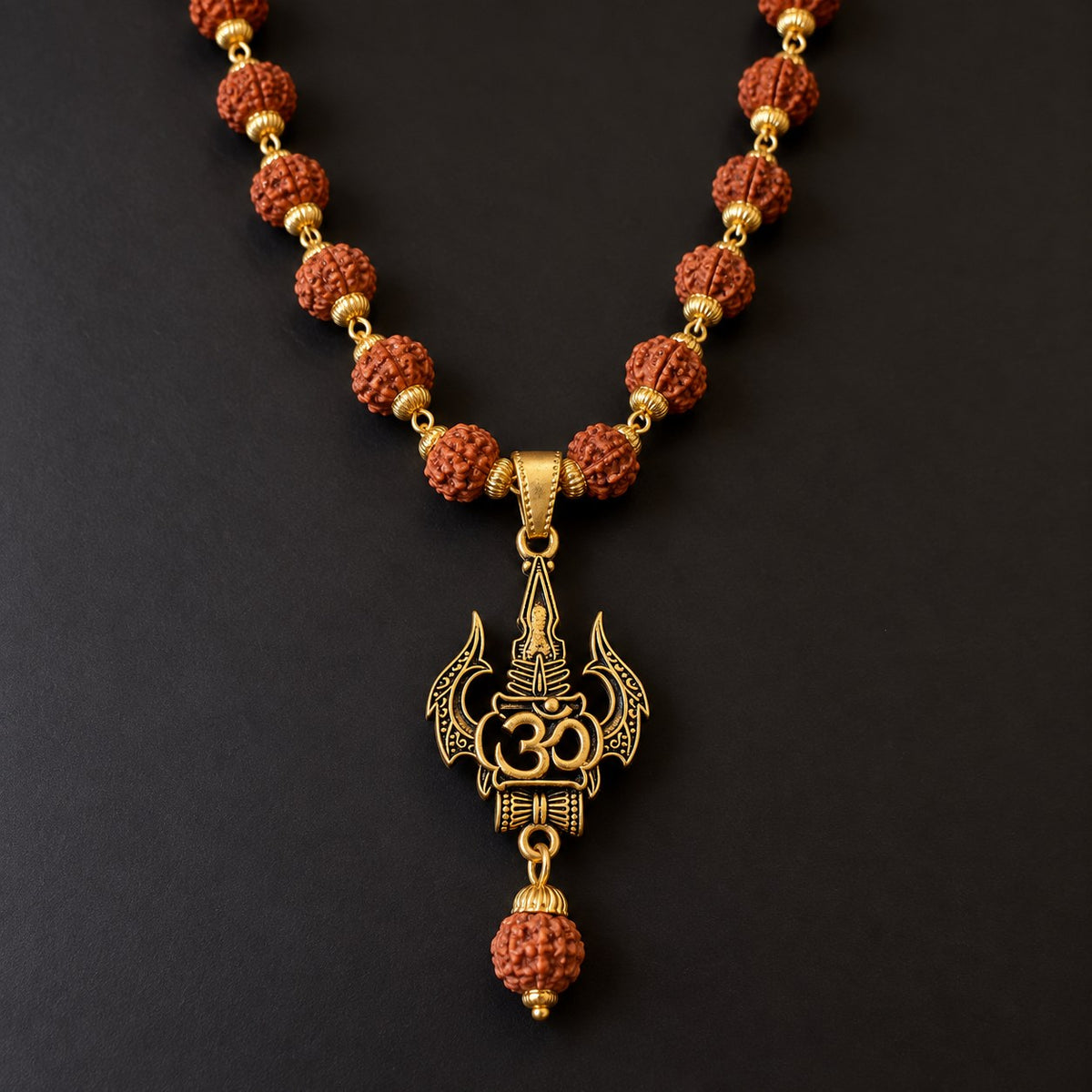 Trishul Rudraksha Mala - Golden Finish