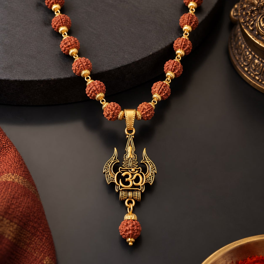 Trishul Rudraksha Mala - Golden Finish
