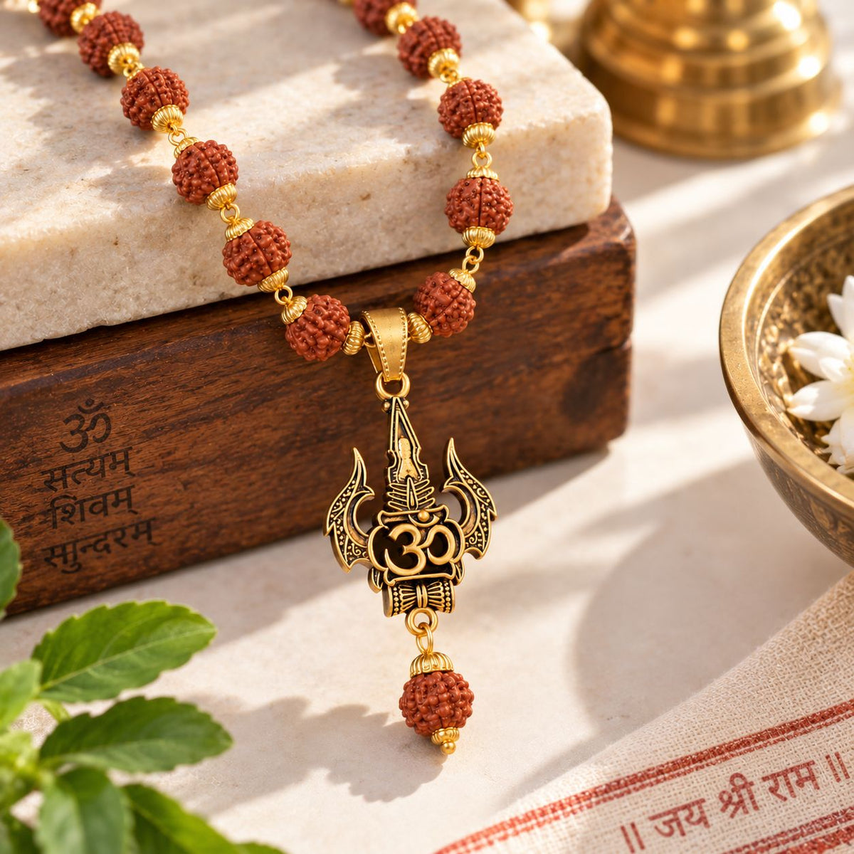 Trishul Rudraksha Mala - Golden Finish