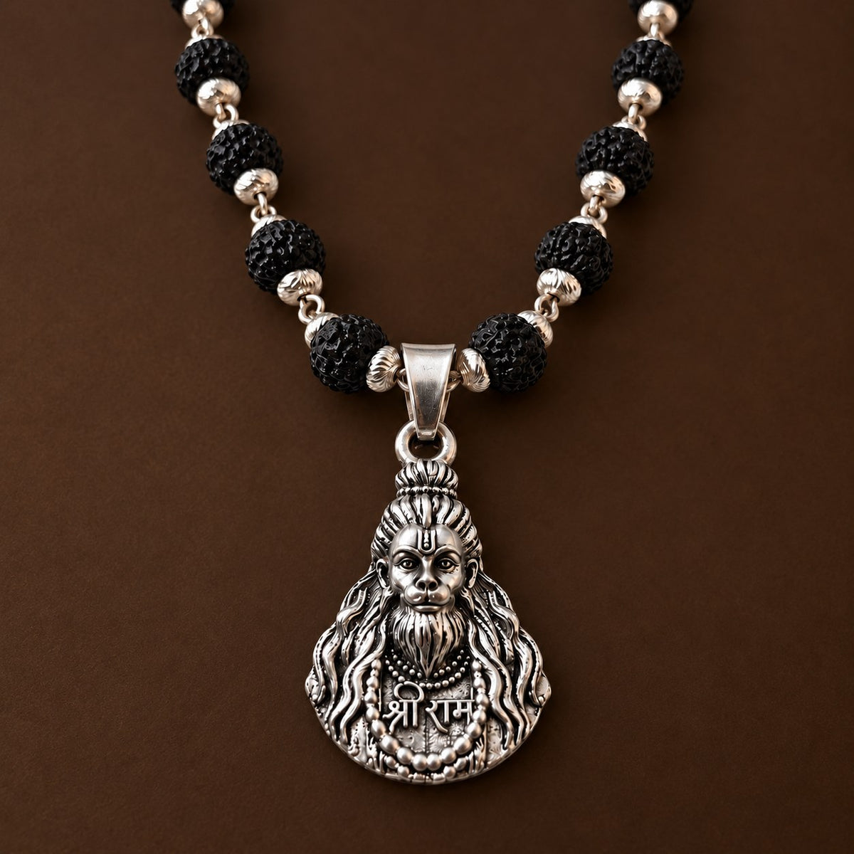 Hanuman ji Black Rudraksha Mala - Silver Finish