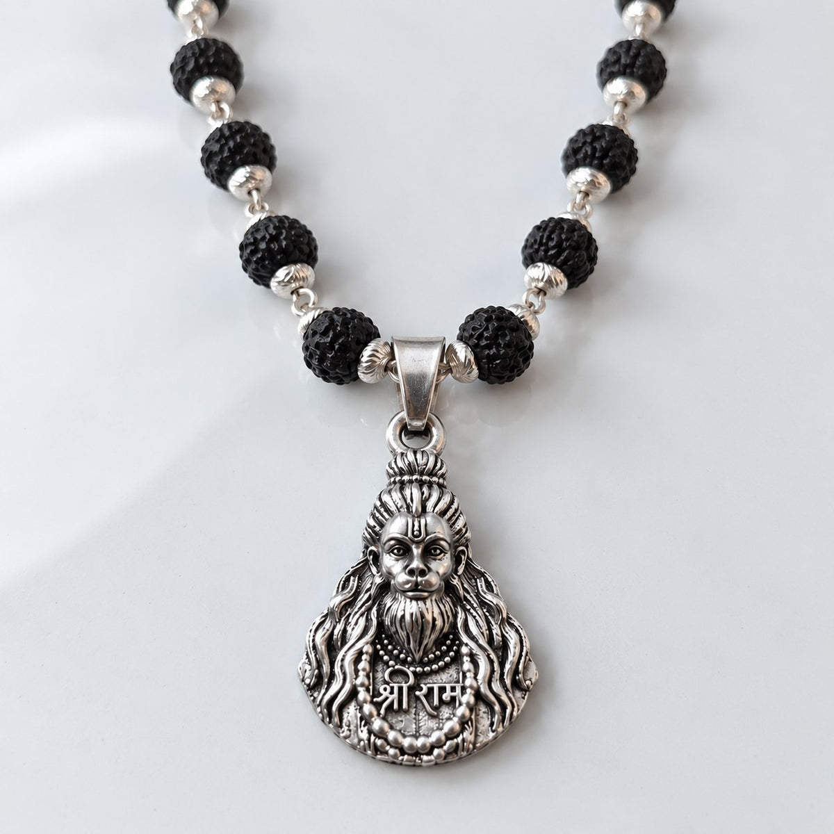 Hanuman ji Black Rudraksha Mala - Silver Finish