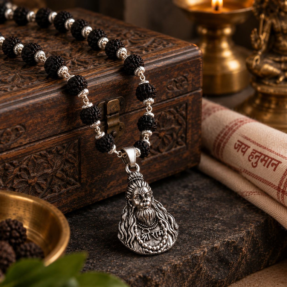 Hanuman ji Black Rudraksha Mala - Silver Finish