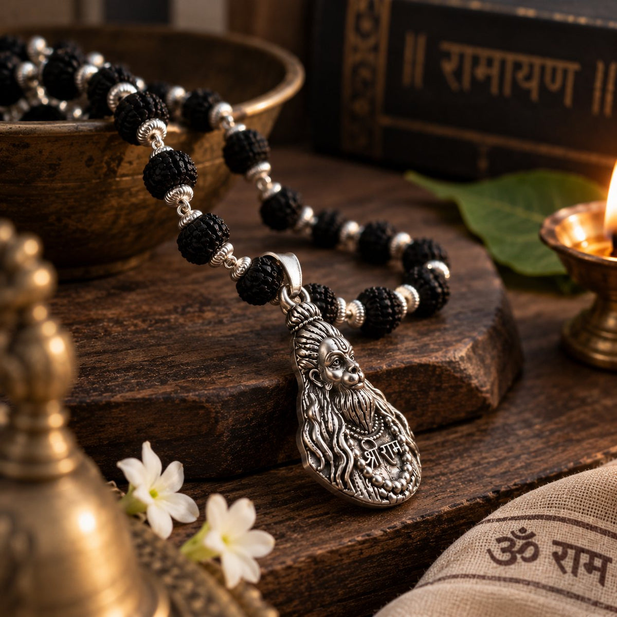 Hanuman ji Black Rudraksha Mala - Silver Finish