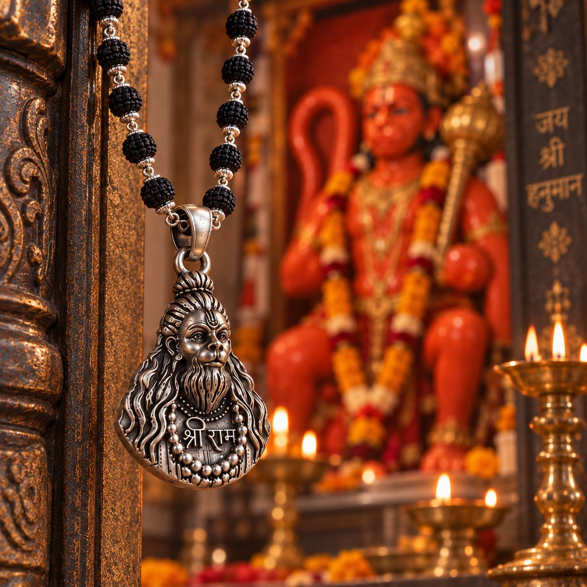 Hanuman ji Black Rudraksha Mala - Silver Finish