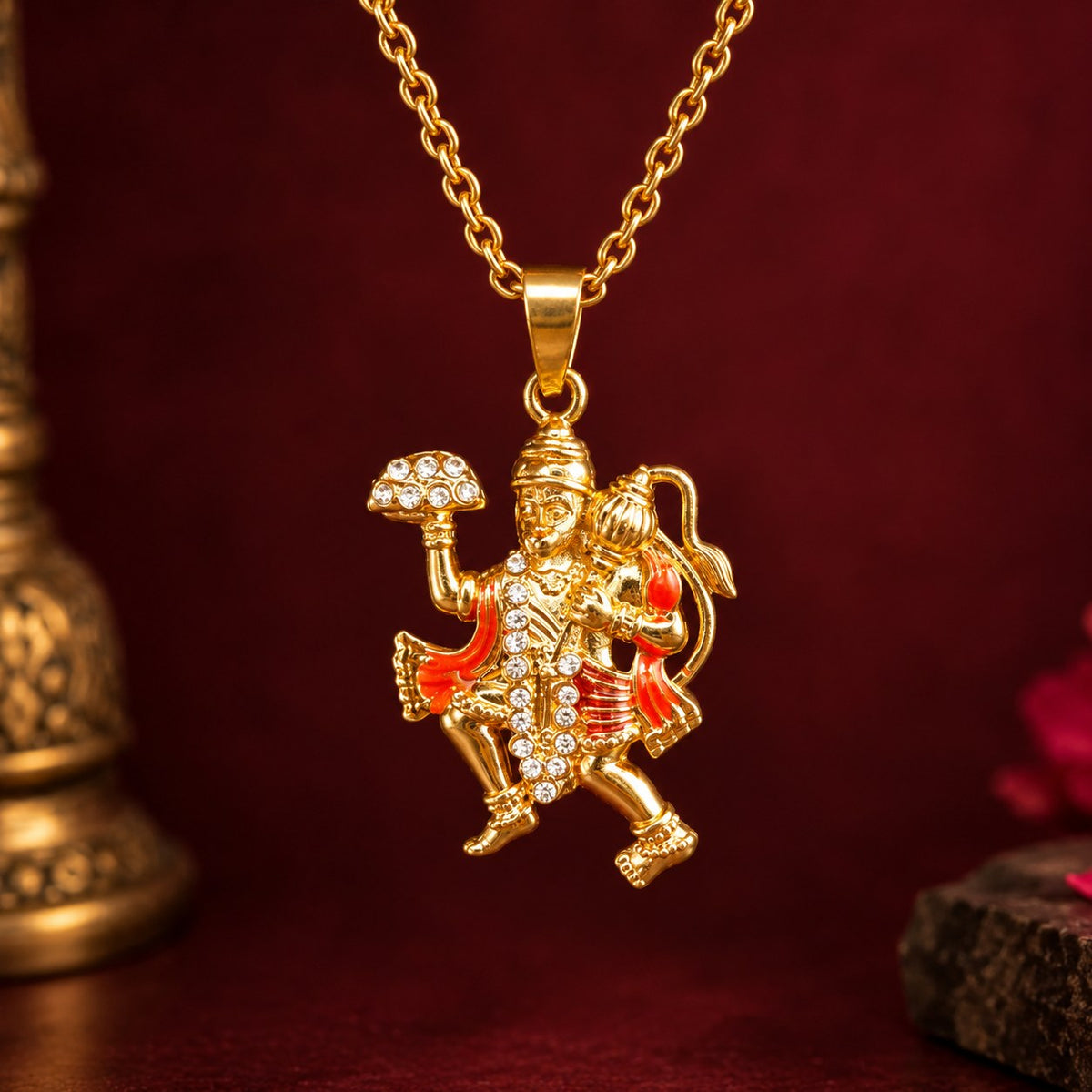 Hanuman ji Colourful Pendant - Golden Finish