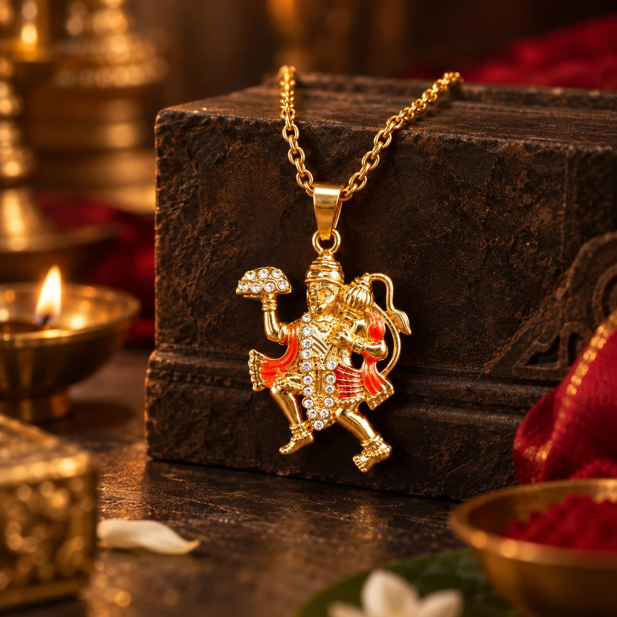Hanuman ji Colourful Pendant - Golden Finish