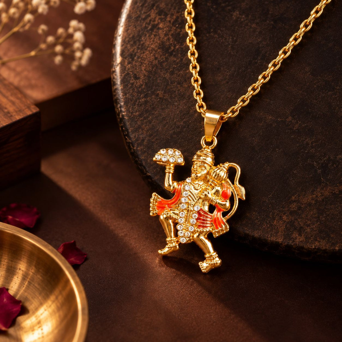 Hanuman ji Colourful Pendant - Golden Finish