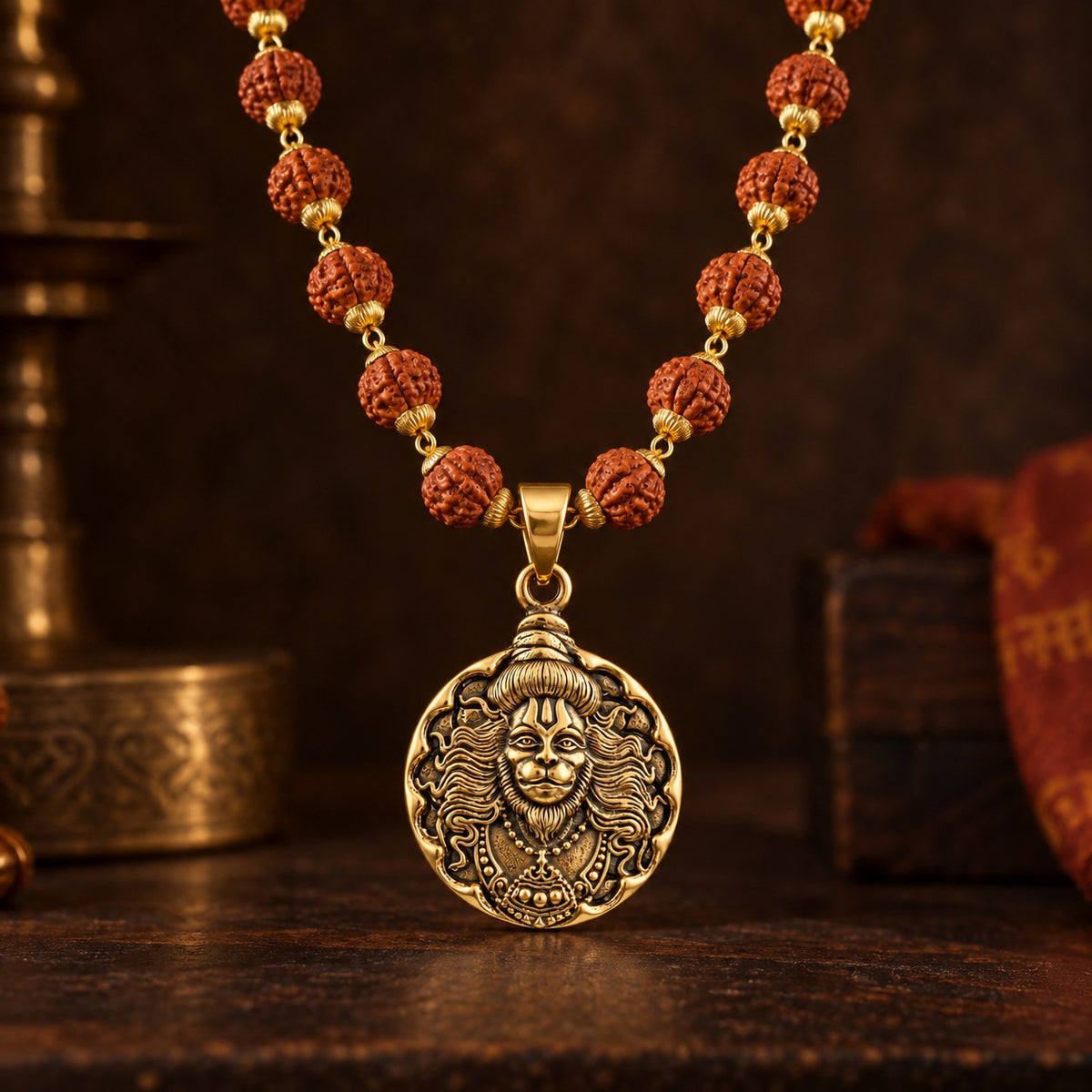 Round Hanuman ji Rudraksha Mala - Golden Finish