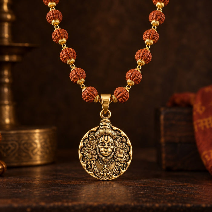Round Hanuman ji Rudraksha Mala - Golden Finish