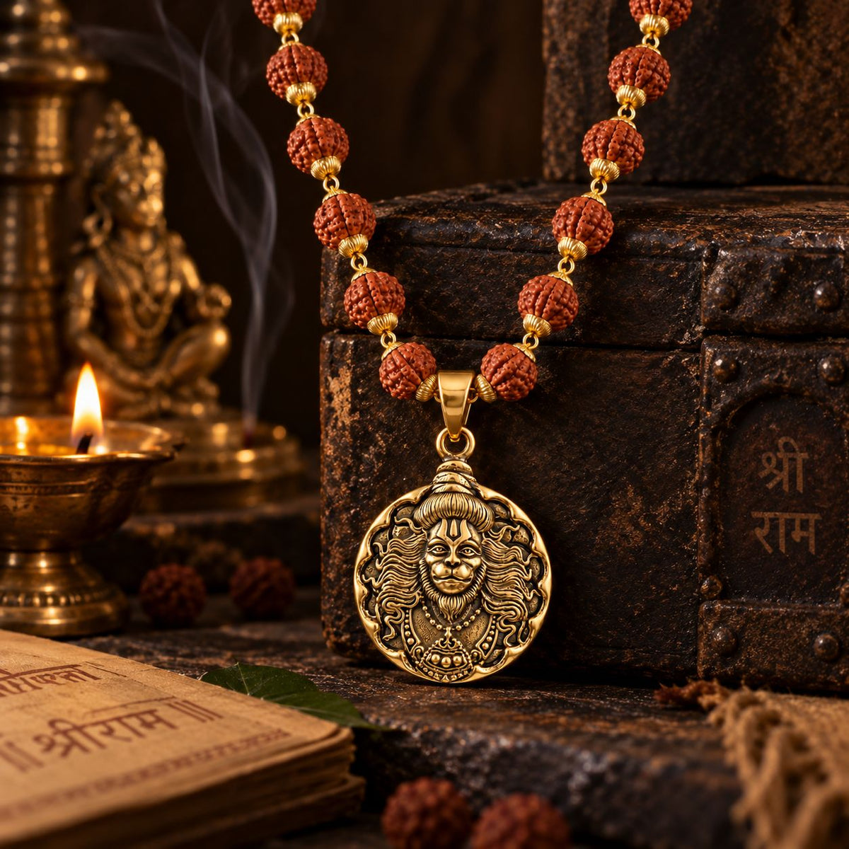 Round Hanuman ji Rudraksha Mala - Golden Finish