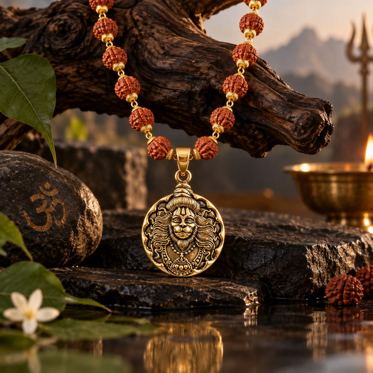 Round Hanuman ji Rudraksha Mala - Golden Finish