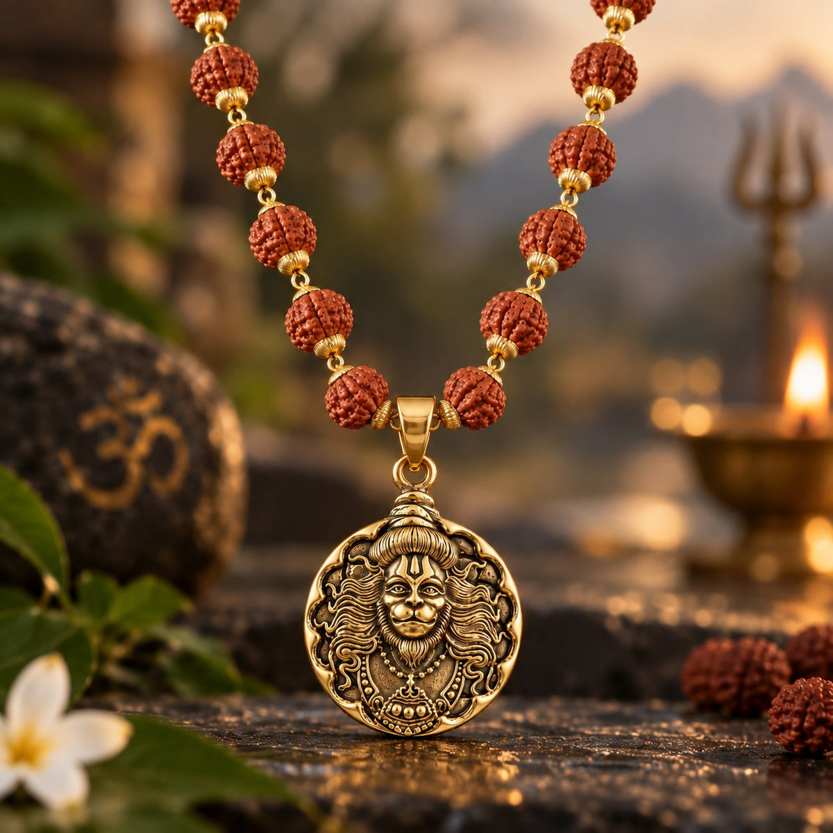 Round Hanuman ji Rudraksha Mala - Golden Finish