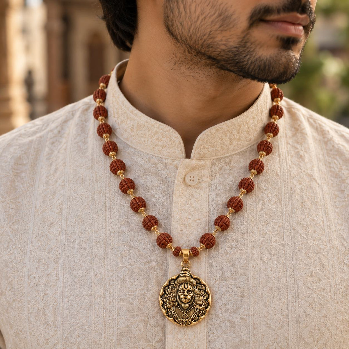 Round Hanuman ji Rudraksha Mala - Golden Finish