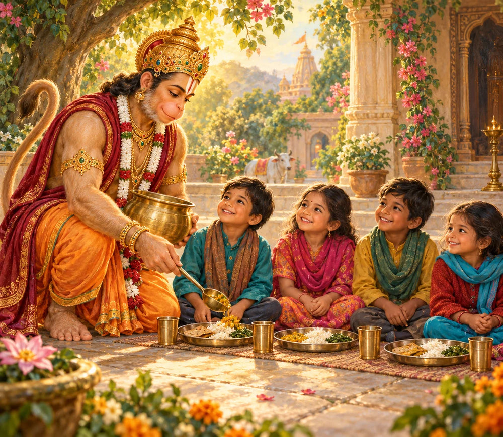 Devotional painting of Hanuman ji serving a meal to children.