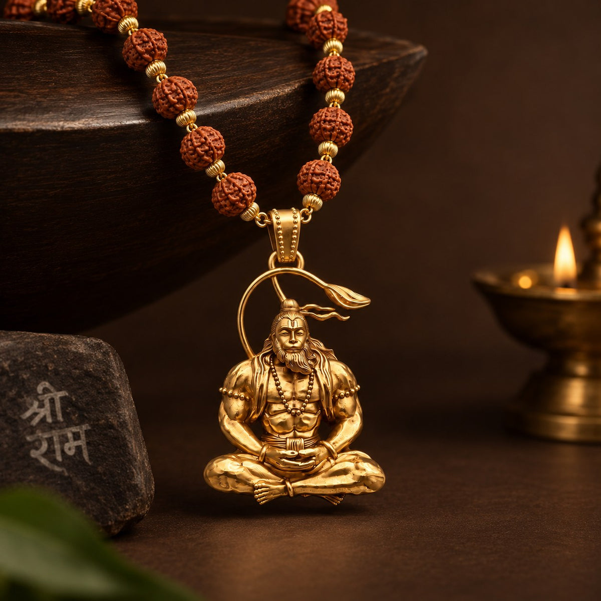 Samadhi Hanuman ji Rudraksha Mala - Golden Finish