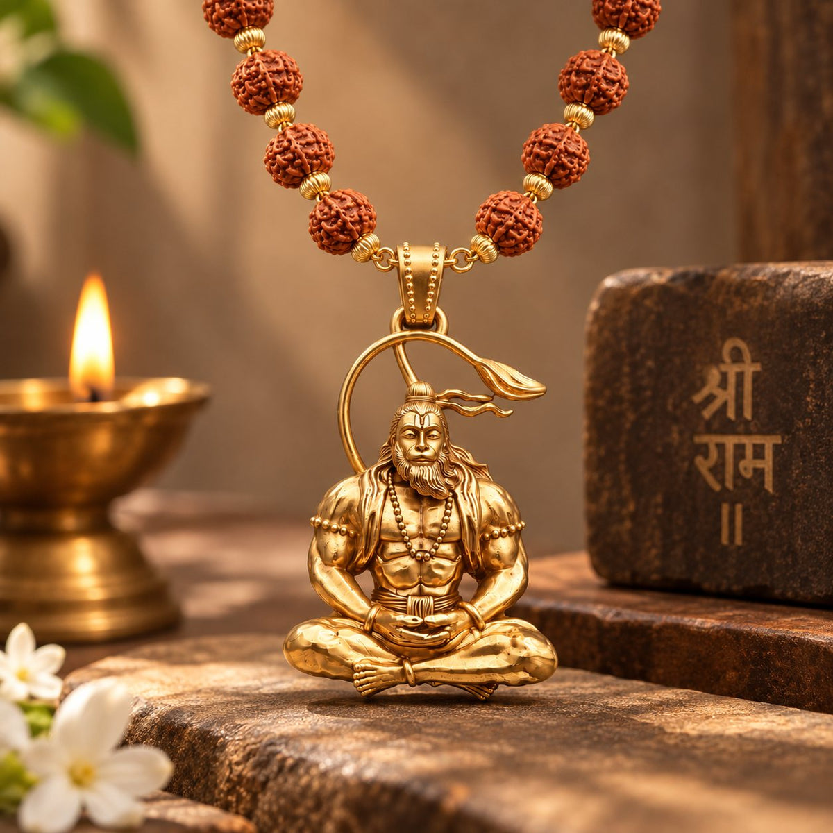 Samadhi Hanuman ji Rudraksha Mala - Golden Finish