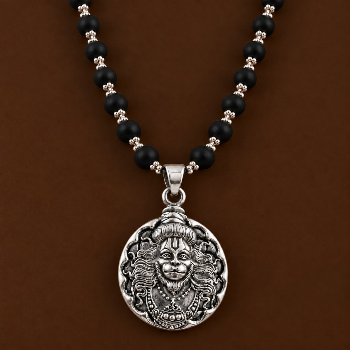 Round Hanuman ji Karungali Mala - Silver Finish