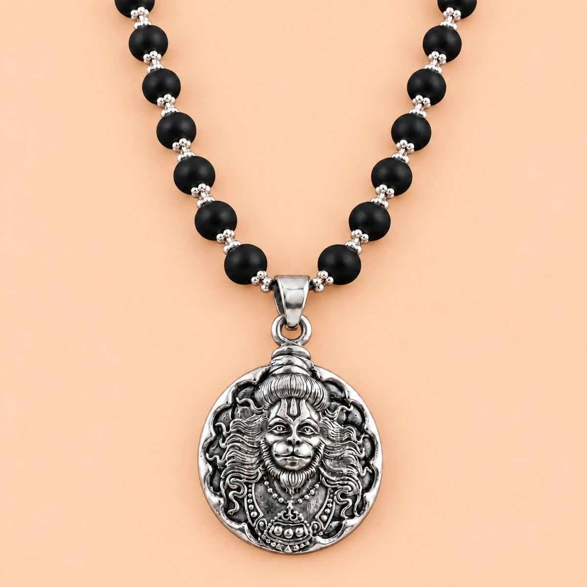 Round Hanuman ji Karungali Mala - Silver Finish - view 2