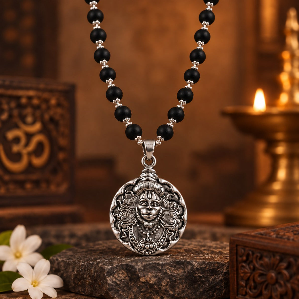 Round Hanuman ji Karungali Mala - Silver Finish - view 3