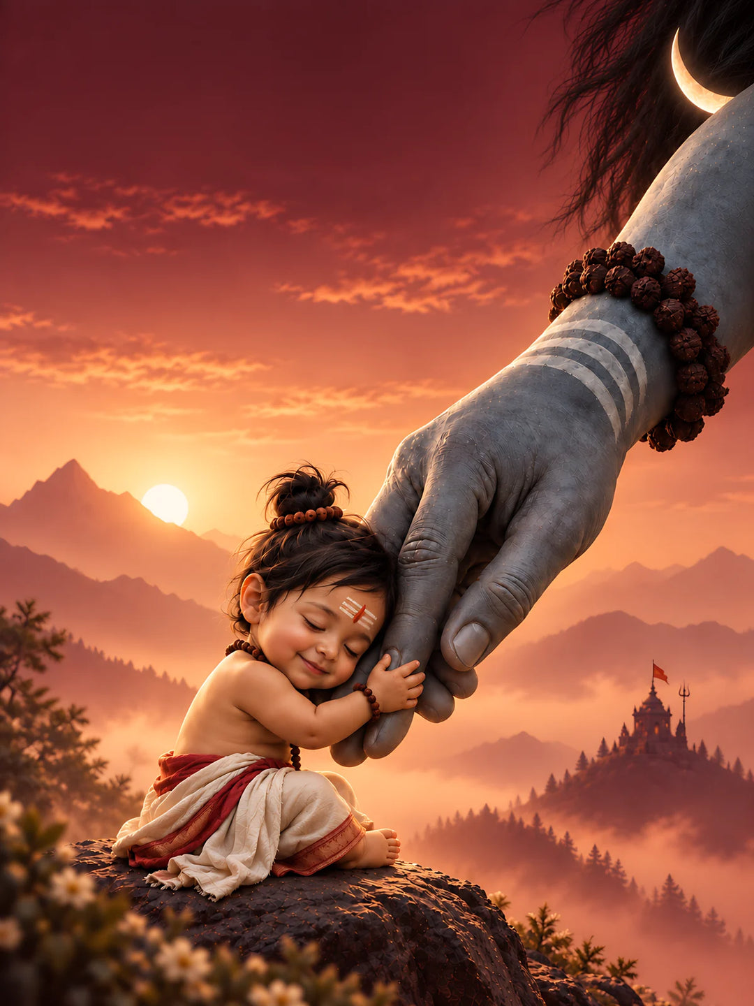 A child embracing Lord Shiva’s hand at sunset, symbolising faith and divine care.