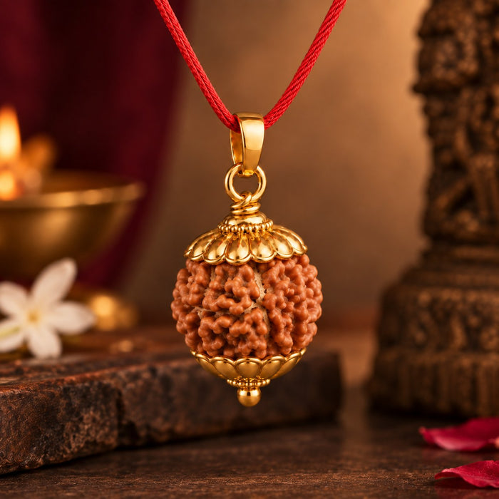 7 Mukhi Rudraksha pendant with golden-finish caps and red thread - photo 1
