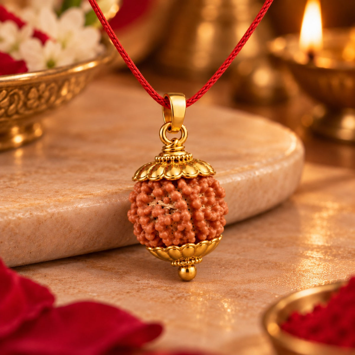 7 Mukhi Rudraksha pendant with golden-finish caps and red thread - photo 2